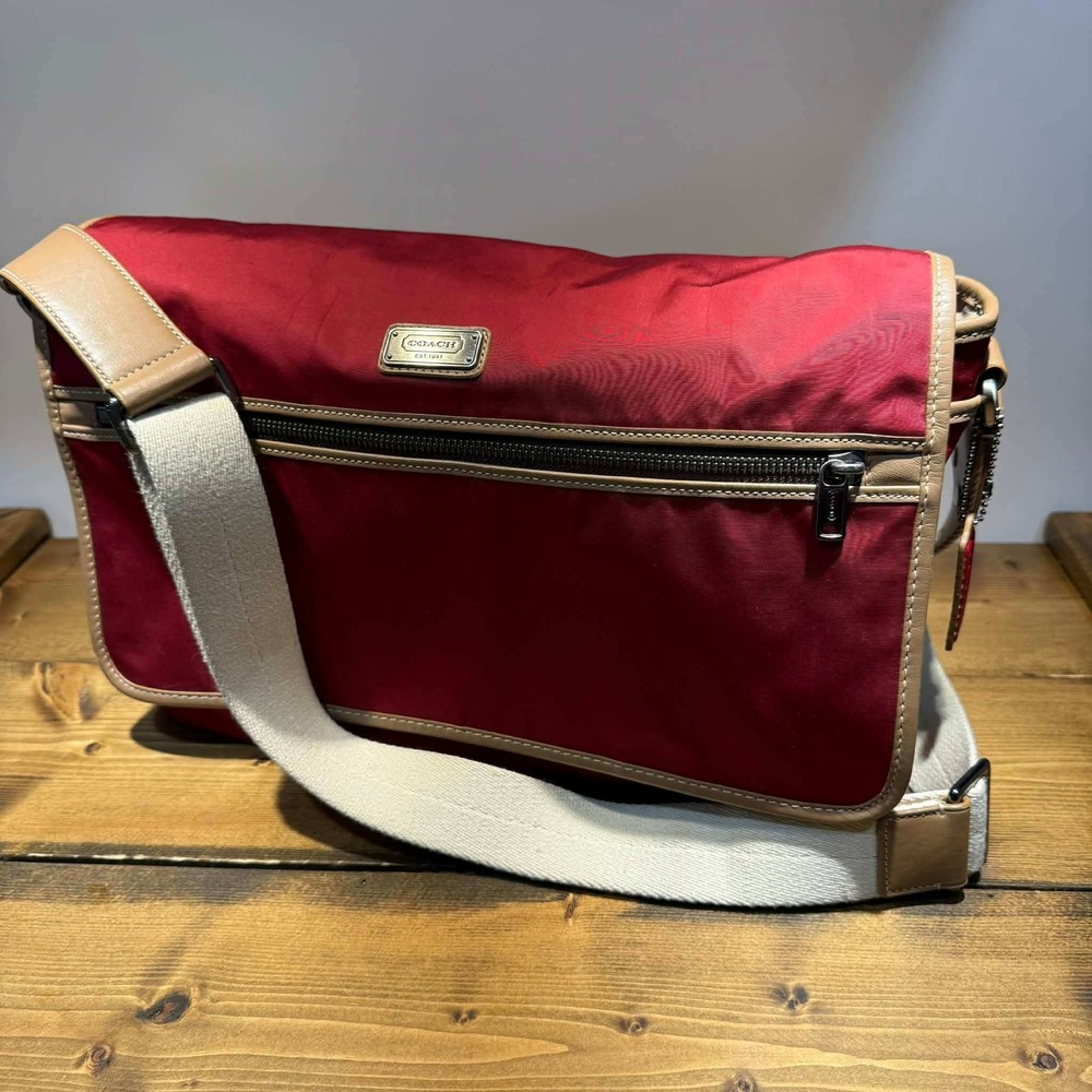 Coach F70355 Nylon Leather Trim Messenger Laptop Bag Red Tan Trim